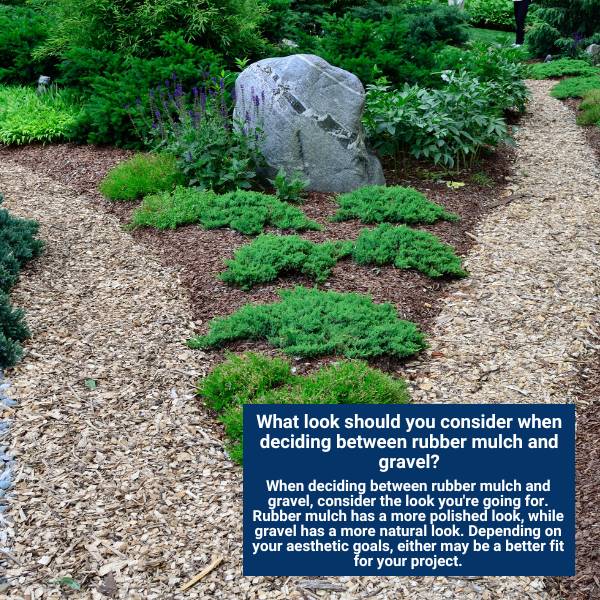 What look should you consider when deciding between rubber mulch and gravel?