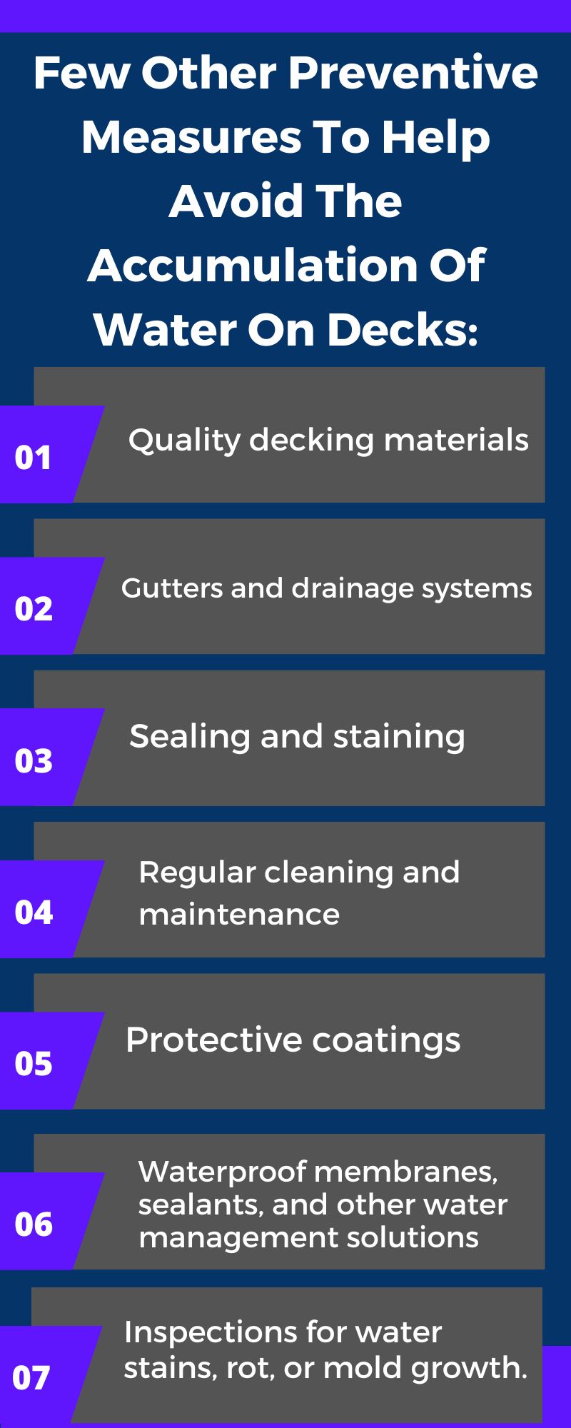 Few other preventive measures to help avoid the accumulation of water on decks