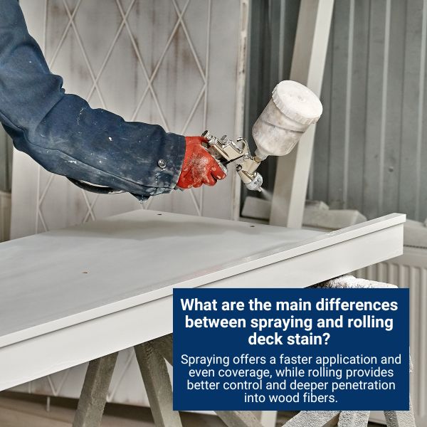 What are the main differences between spraying and rolling deck stain?