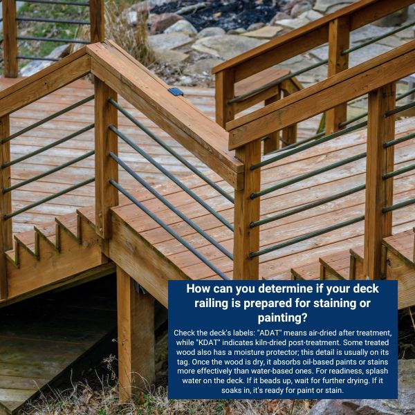 How can you determine if your deck railing is prepared for staining or painting?